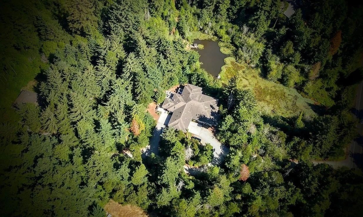 Overhead view of The Bandon House wrapped in forest, with its pond at the top left